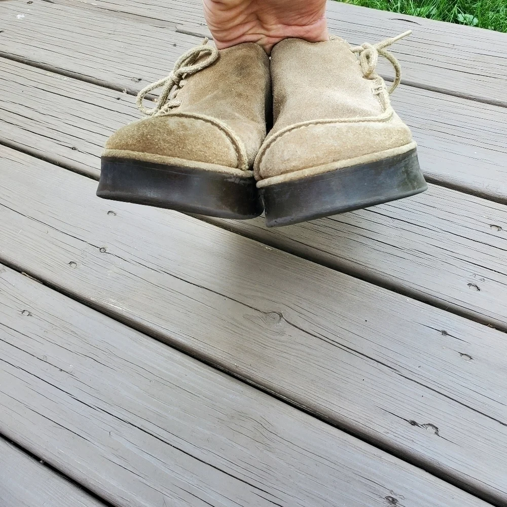 Vintage 90s y2k Bratz Camel Tan Suede Leather Corset‎ Platform Wedge Loafers 10